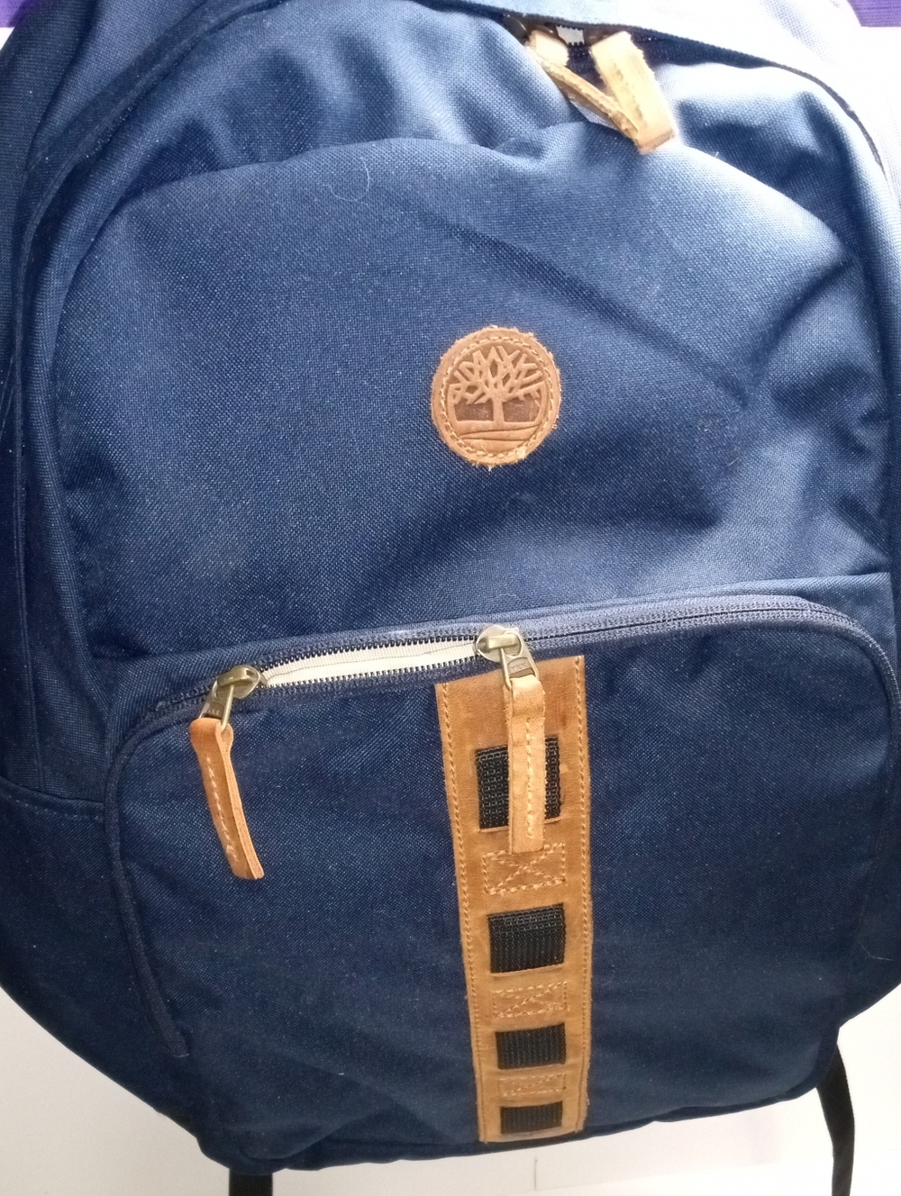 Timberland Navy Blue Hiking Backpack Nylon Faux Leather Zip Logo Patch 4 Pockets
